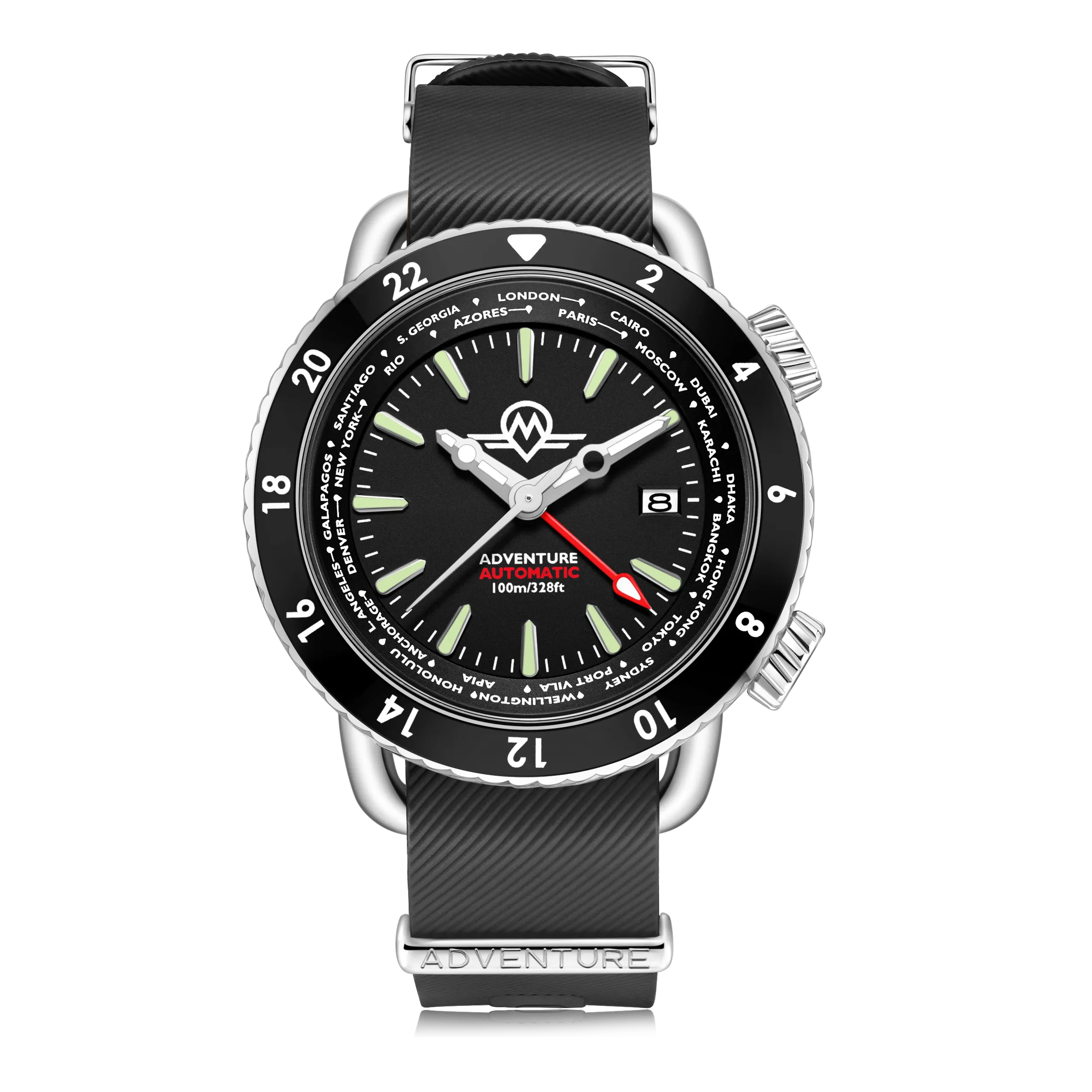 MONRO ADVENTURE MA-1 URBAN BLACK, Automatic GMT Worldtimer, 44mm Stainless Steel, Black Dial
