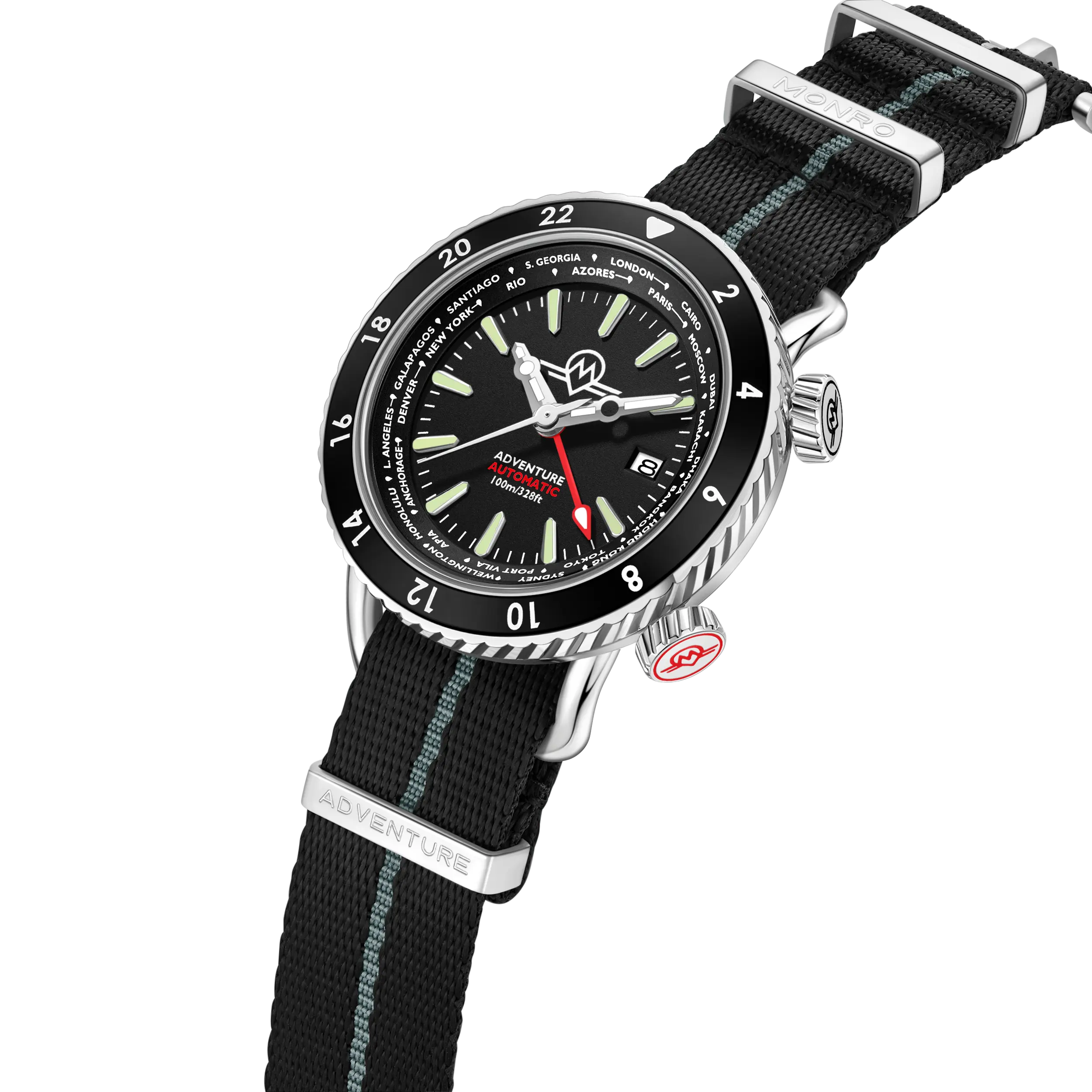 MONRO ADVENTURE MA-1 URBAN BLACK, Automatic GMT Worldtimer, 44mm Stainless Steel, Black Dial