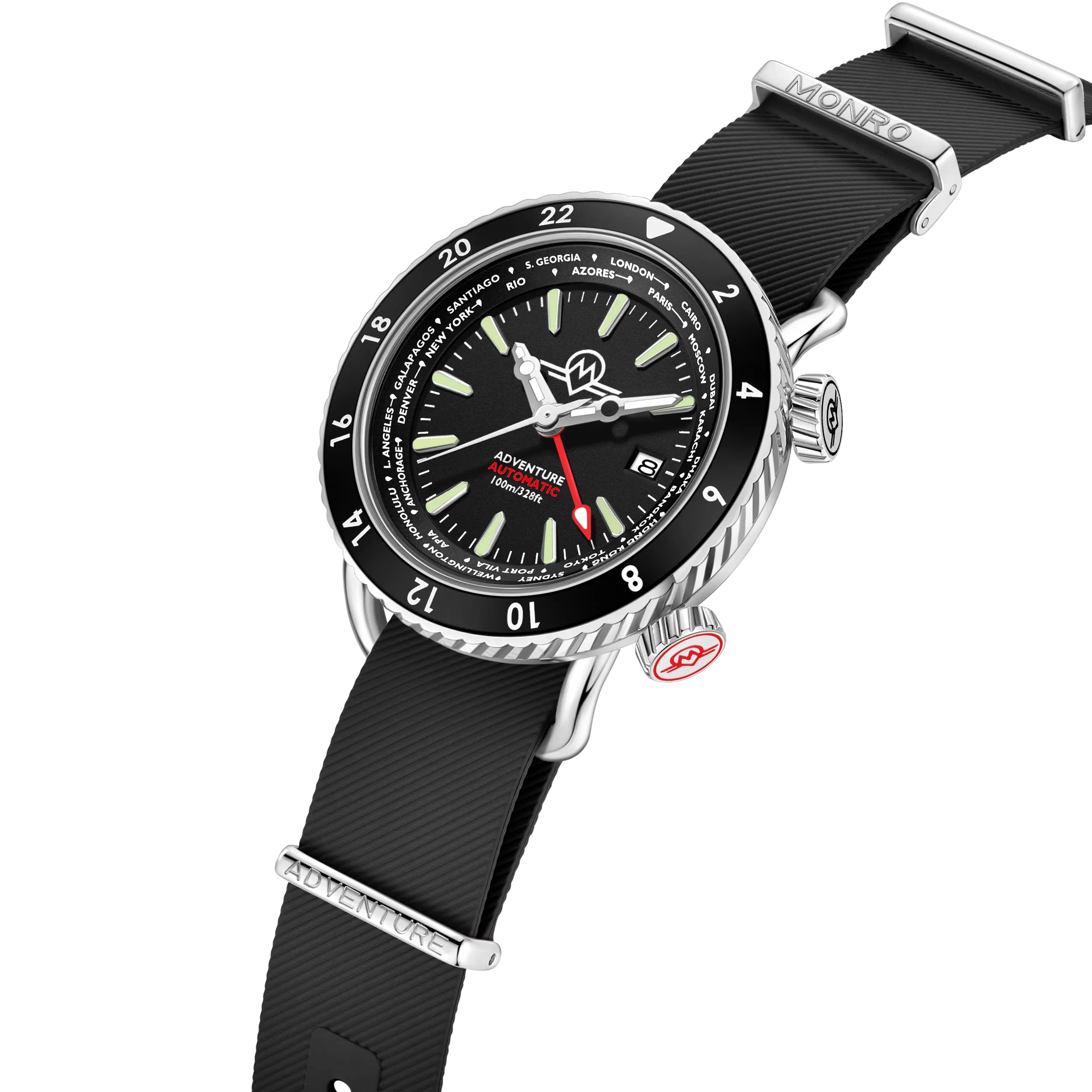 MONRO ADVENTURE MA-1 URBAN BLACK, Automatic GMT Worldtimer, 44mm Stainless Steel, Black Dial