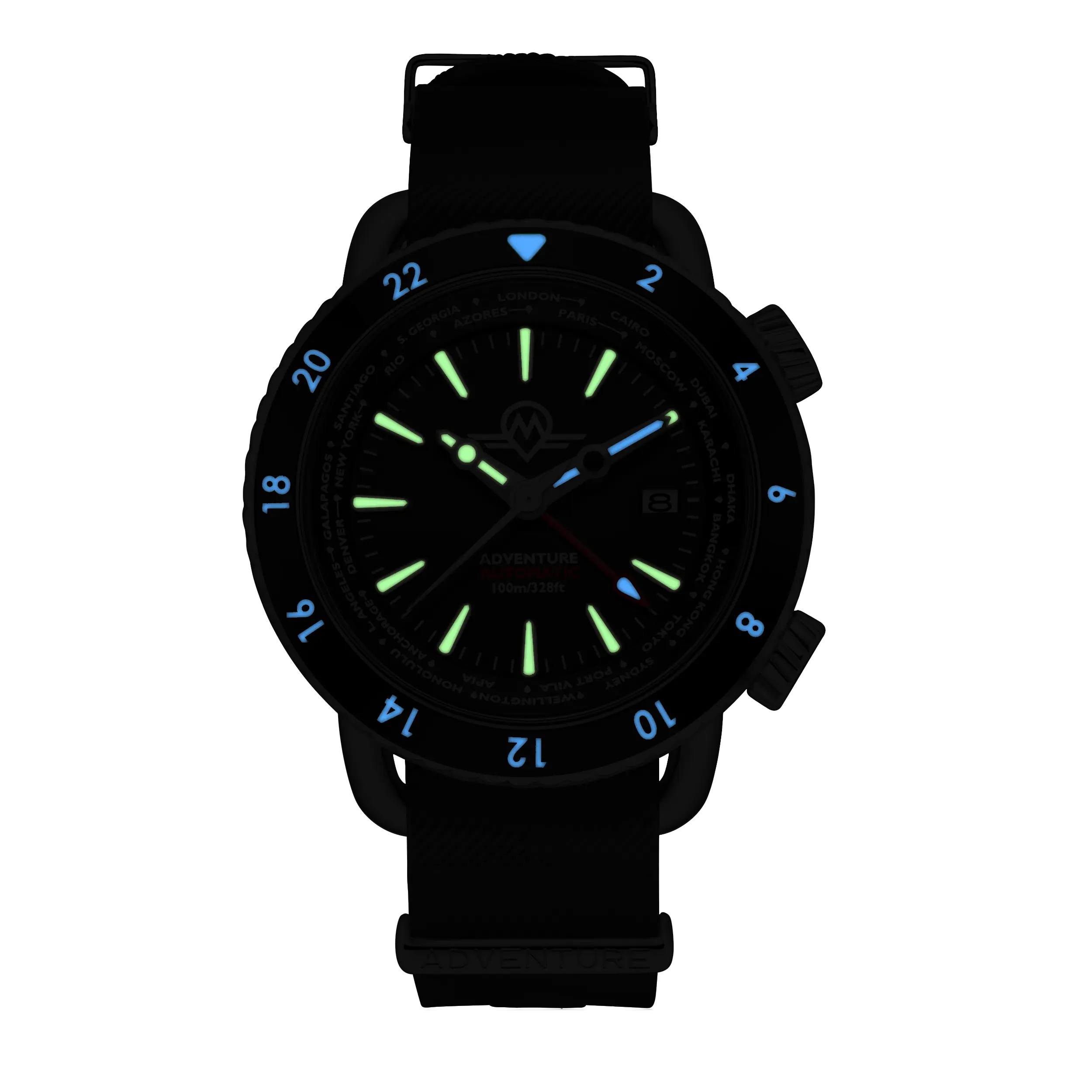 MONRO ADVENTURE MA-1 URBAN BLACK, Automatic GMT Worldtimer, 44mm Stainless Steel, Black Dial