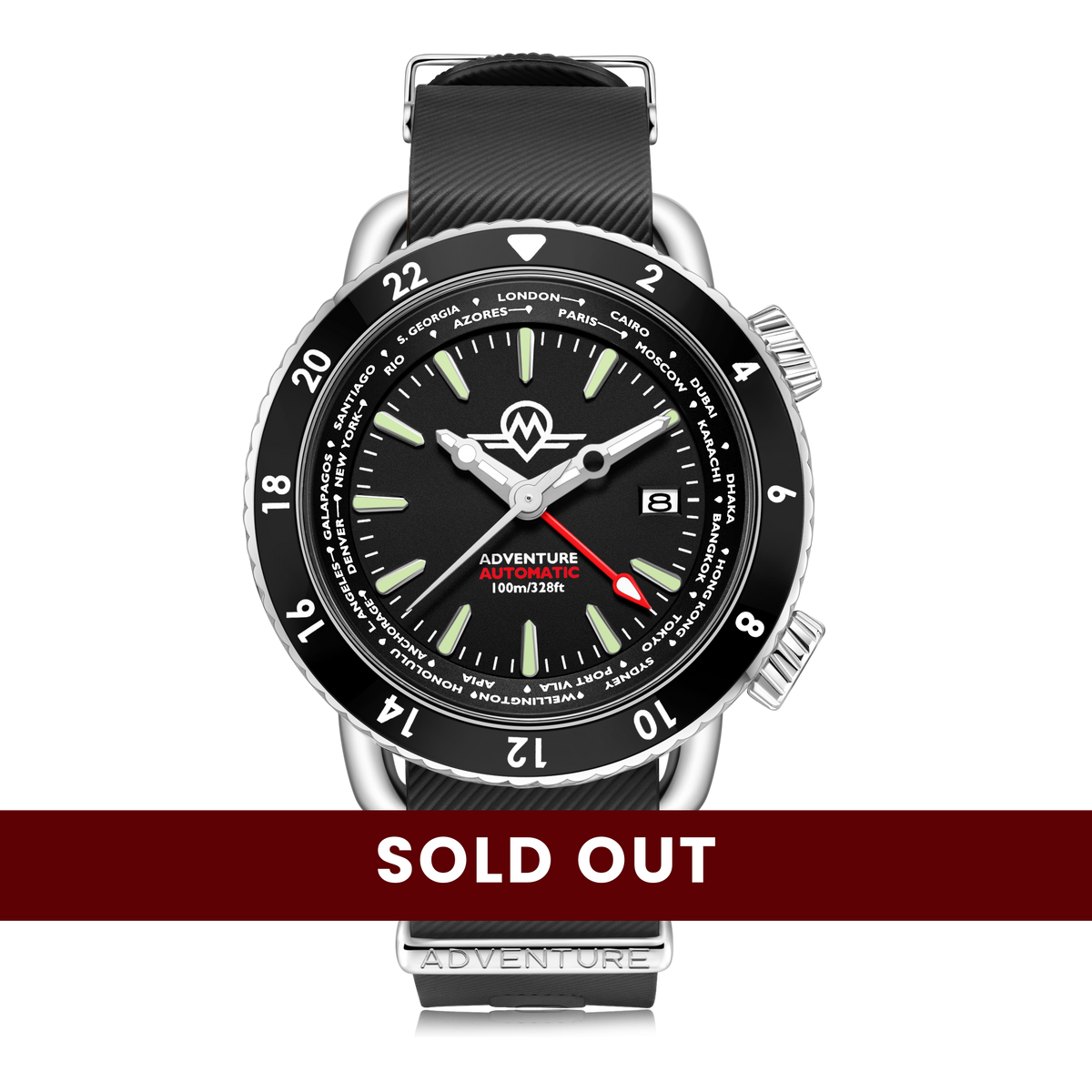 MONRO ADVENTURE MA-1 URBAN BLACK, Automatic GMT Worldtimer, 44mm Stainless Steel, Black Dial