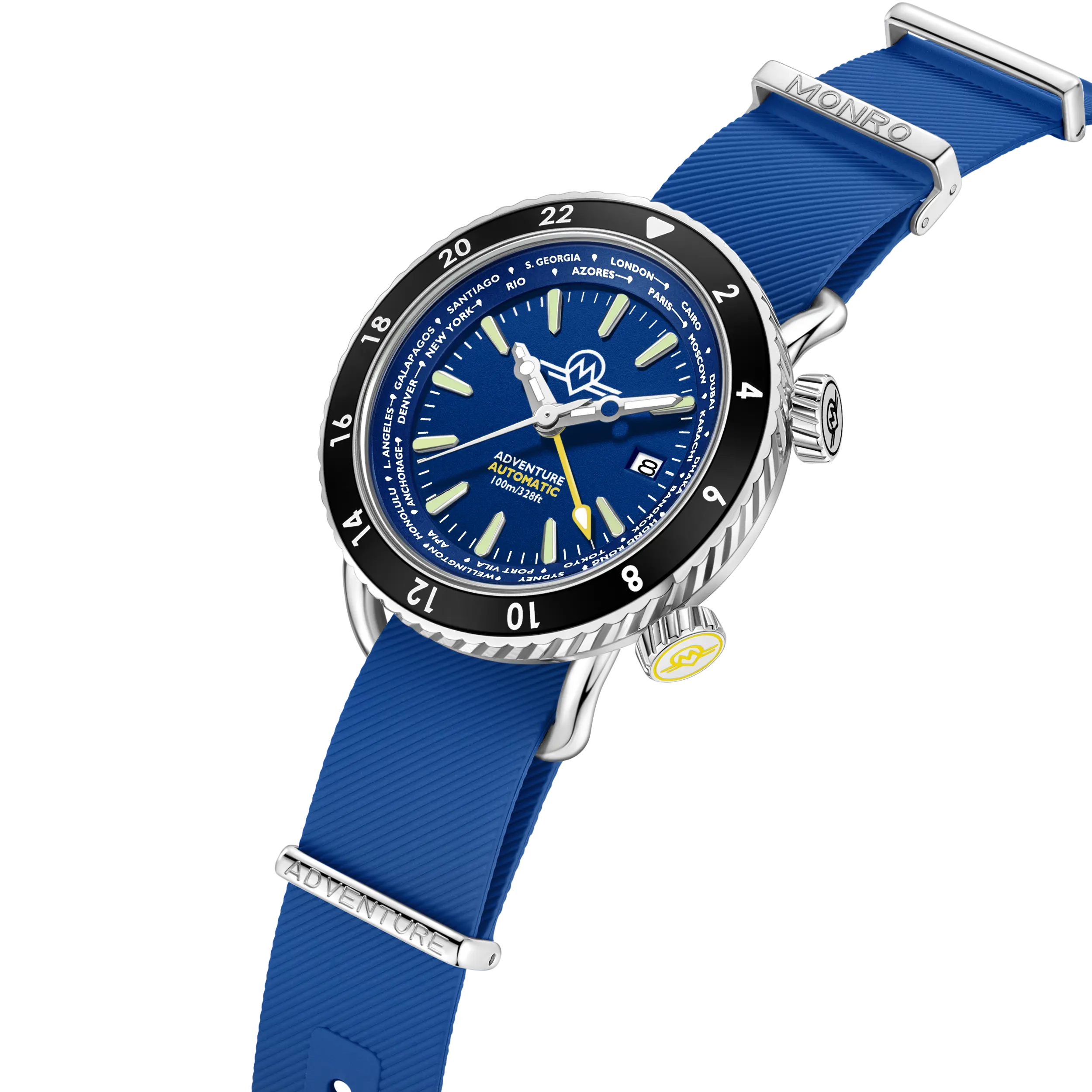 MONRO ADVENTURE MA-2 DEEP SEA BLUE, Automatic GMT Worldtimer, 44mm Stainless Steel, Blue Dial