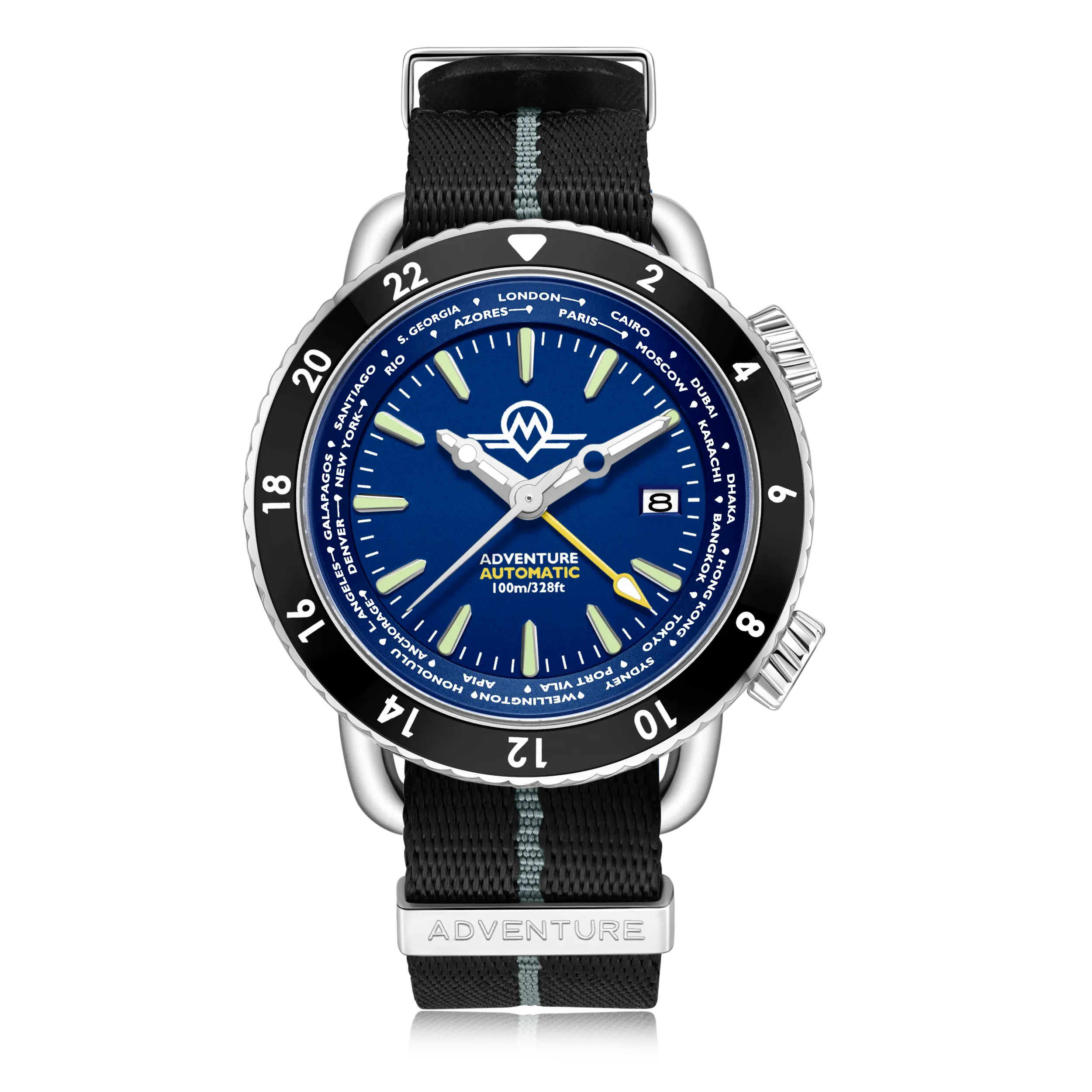 MONRO ADVENTURE MA-2 DEEP SEA BLUE, Automatic GMT Worldtimer, 44mm Stainless Steel, Blue Dial