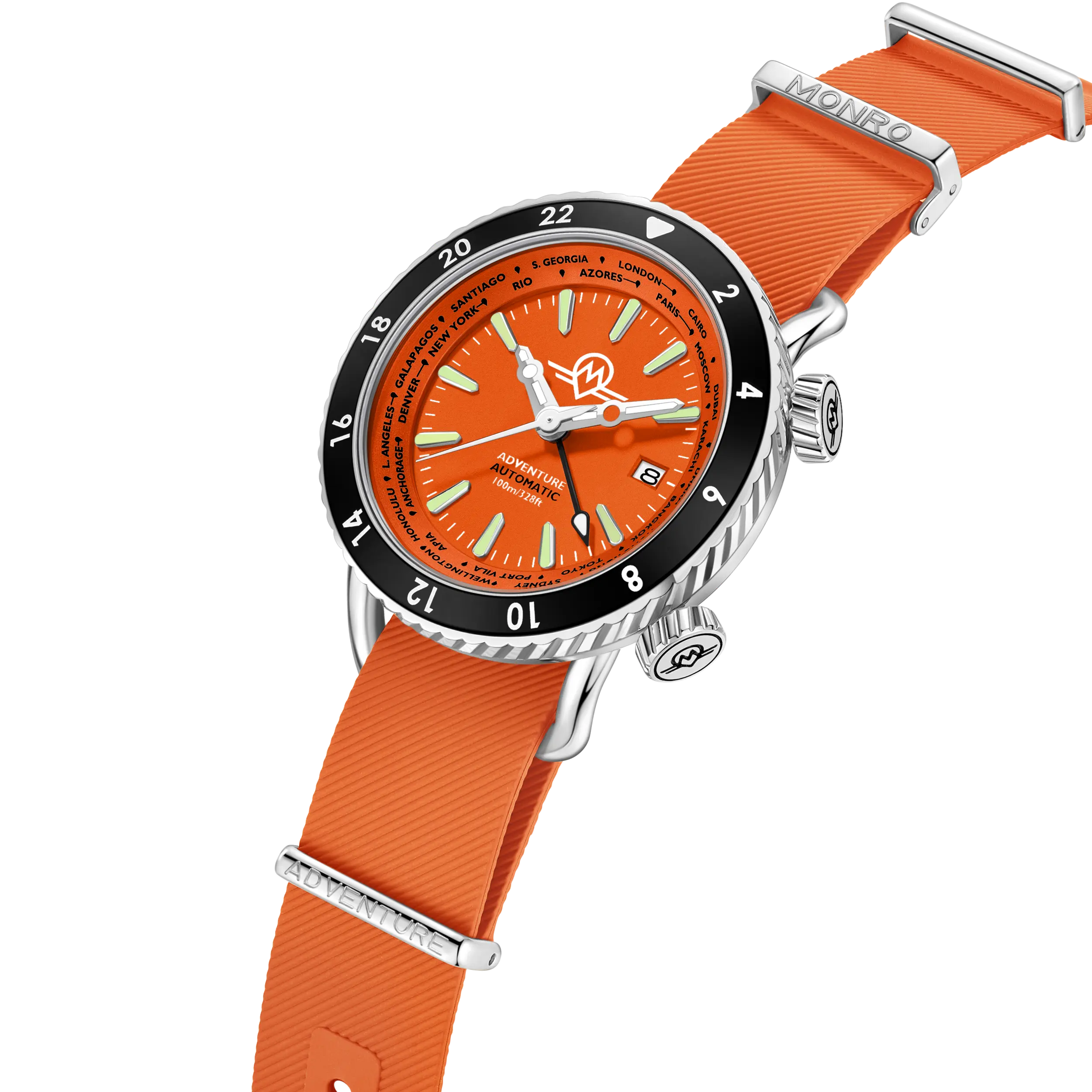 MONRO ADVENTURE MA-3 SUNSET ORANGE, Automatic GMT Worldtimer, 44mm Stainless Steel, Orange Dial