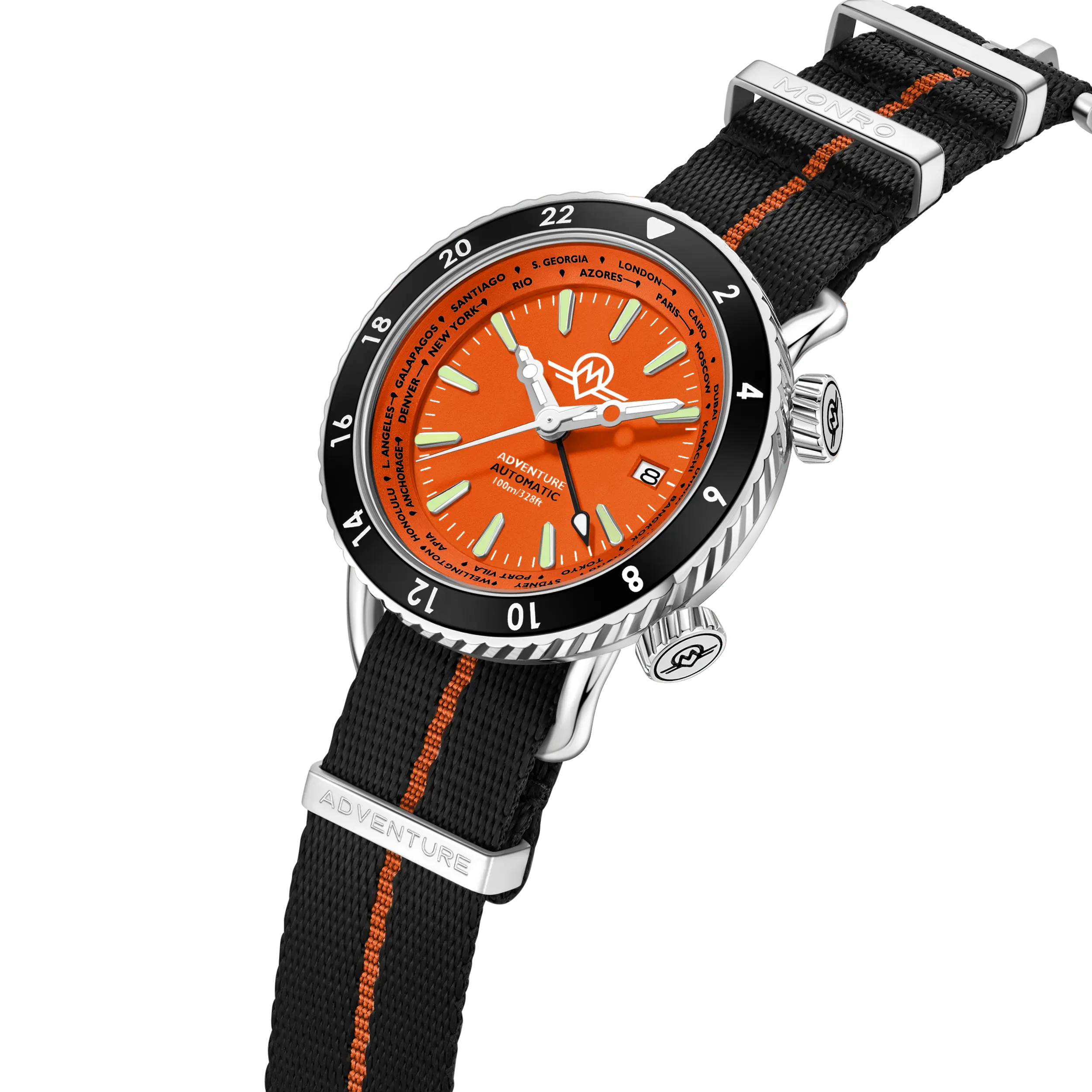 MONRO ADVENTURE MA-3 SUNSET ORANGE, Automatic GMT Worldtimer, 44mm Stainless Steel, Orange Dial