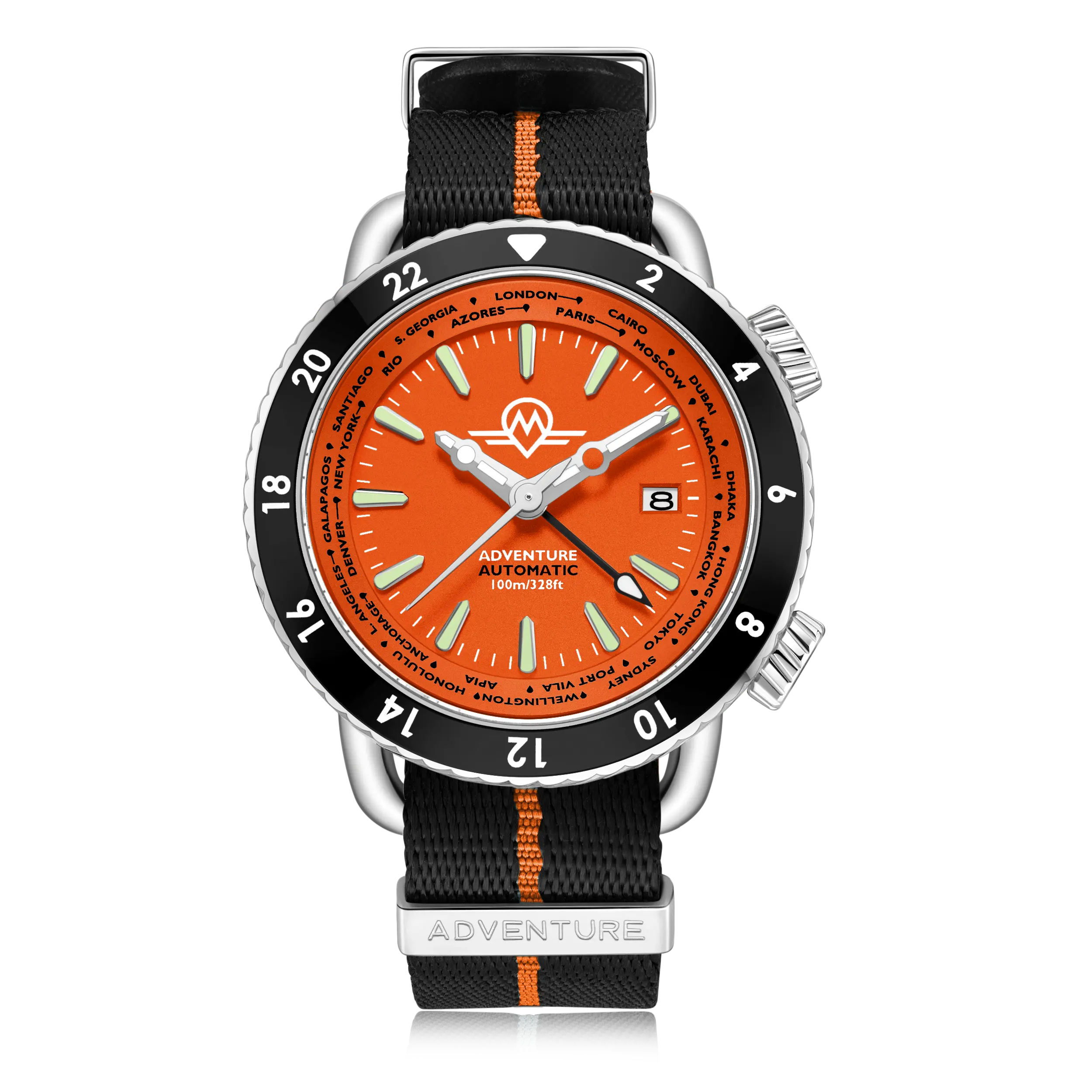 MONRO ADVENTURE MA-3 SUNSET ORANGE, Automatic GMT Worldtimer, 44mm Stainless Steel, Orange Dial