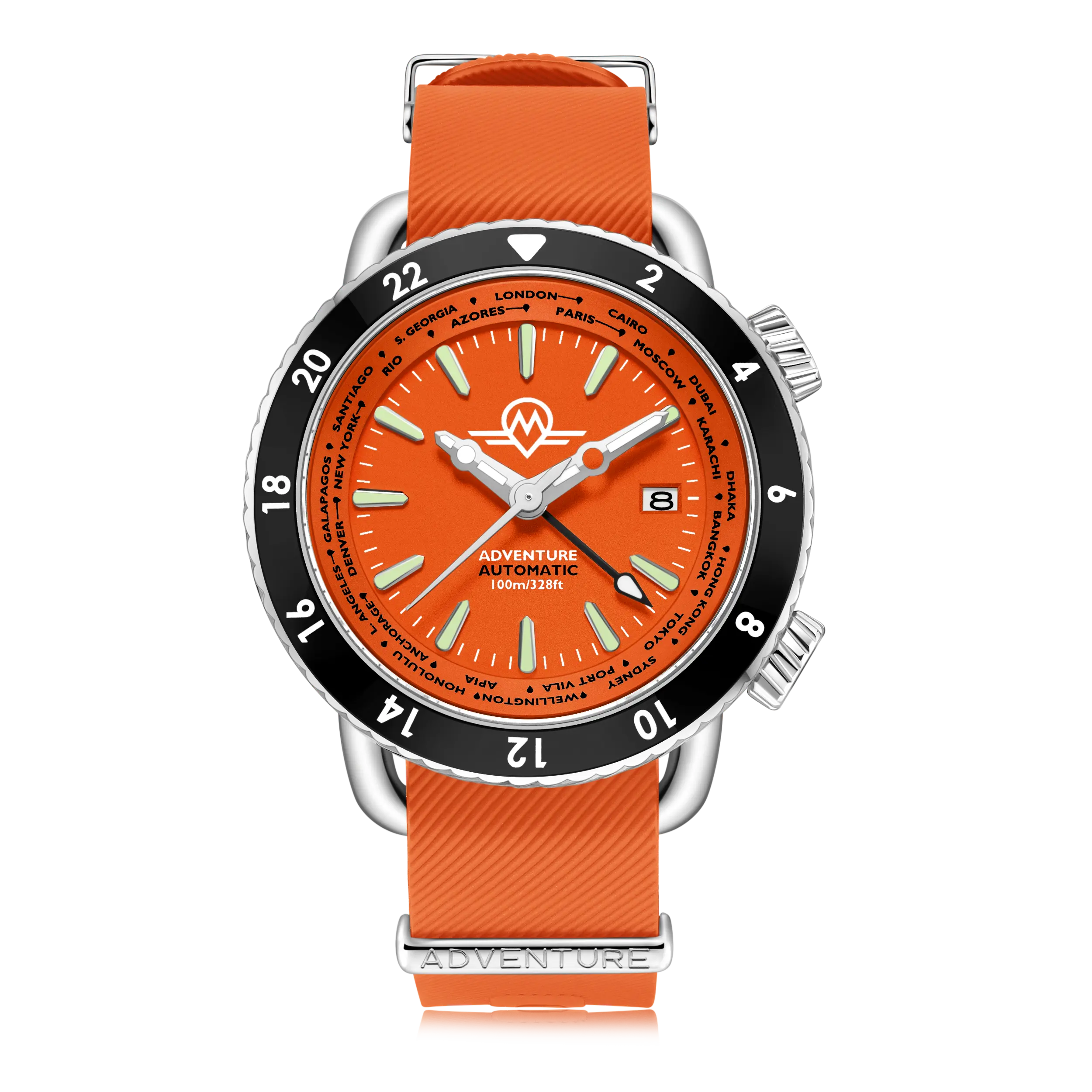 MONRO ADVENTURE MA-3 SUNSET ORANGE, Automatic GMT Worldtimer, 44mm Stainless Steel, Orange Dial