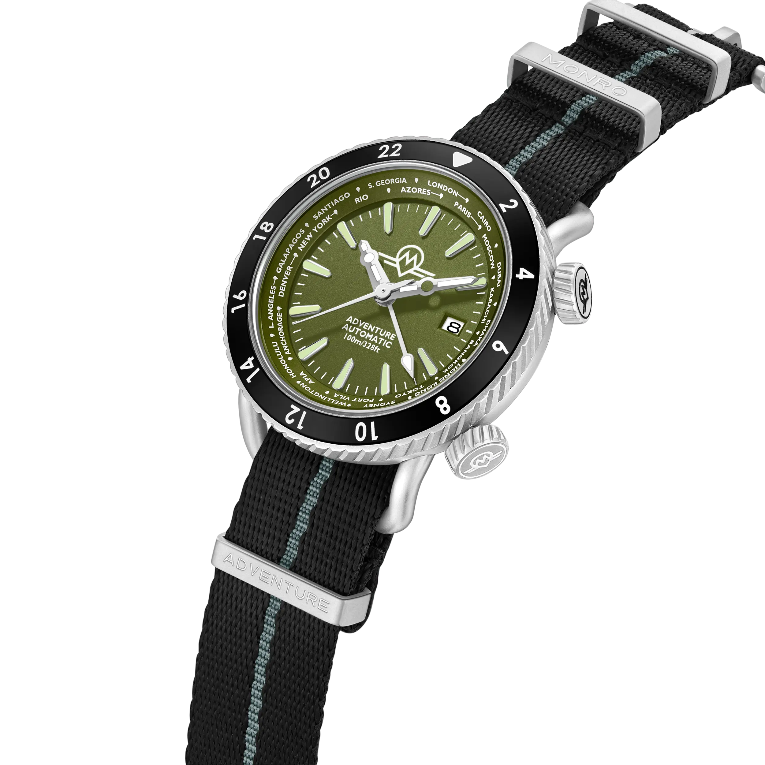 MONRO ADVENTURE MA-4 WOODLAND GREEN, Automatic GMT Worldtimer, 44mm Stainless Steel, Green Dial
