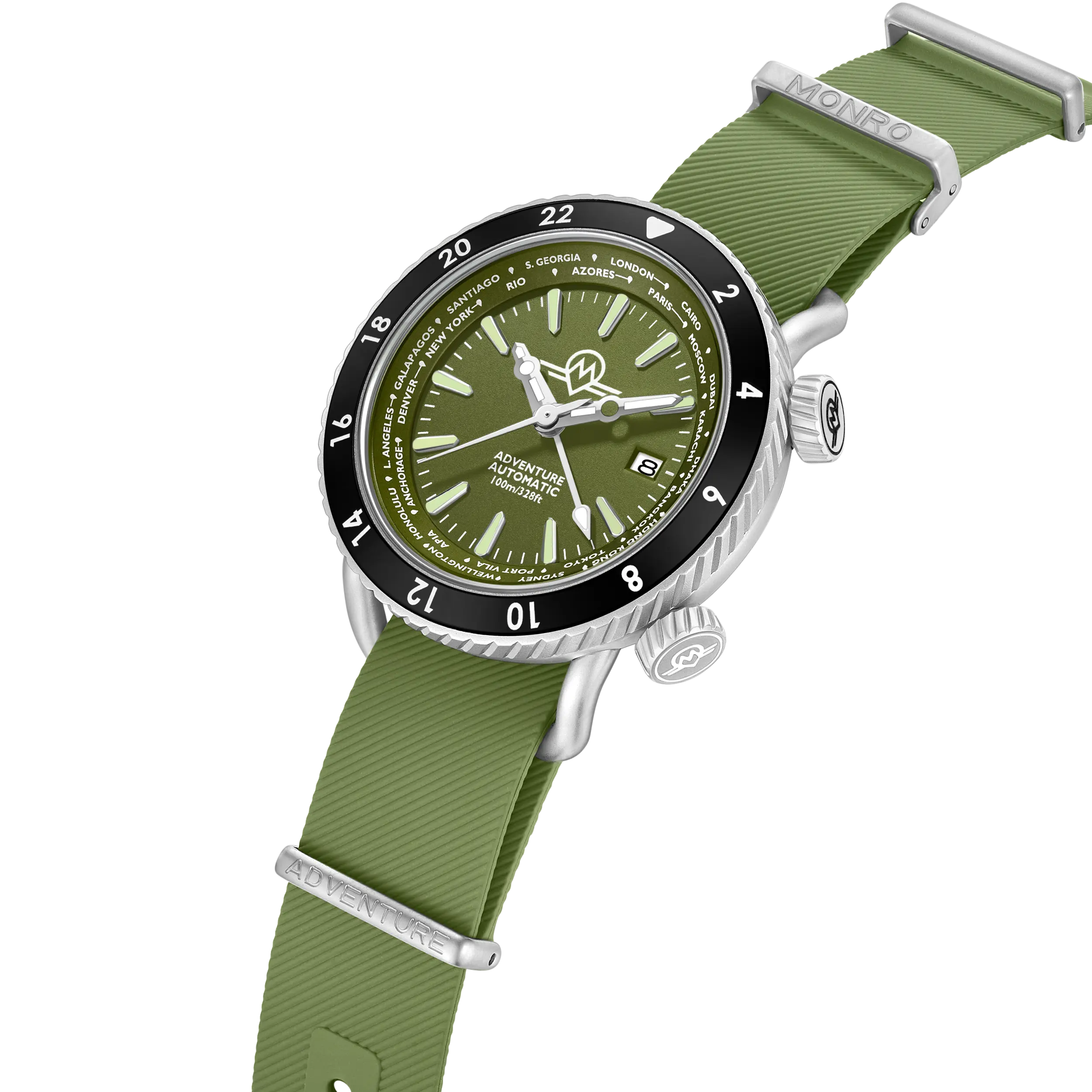 MONRO ADVENTURE MA-4 WOODLAND GREEN, Automatic GMT Worldtimer, 44mm Stainless Steel, Green Dial