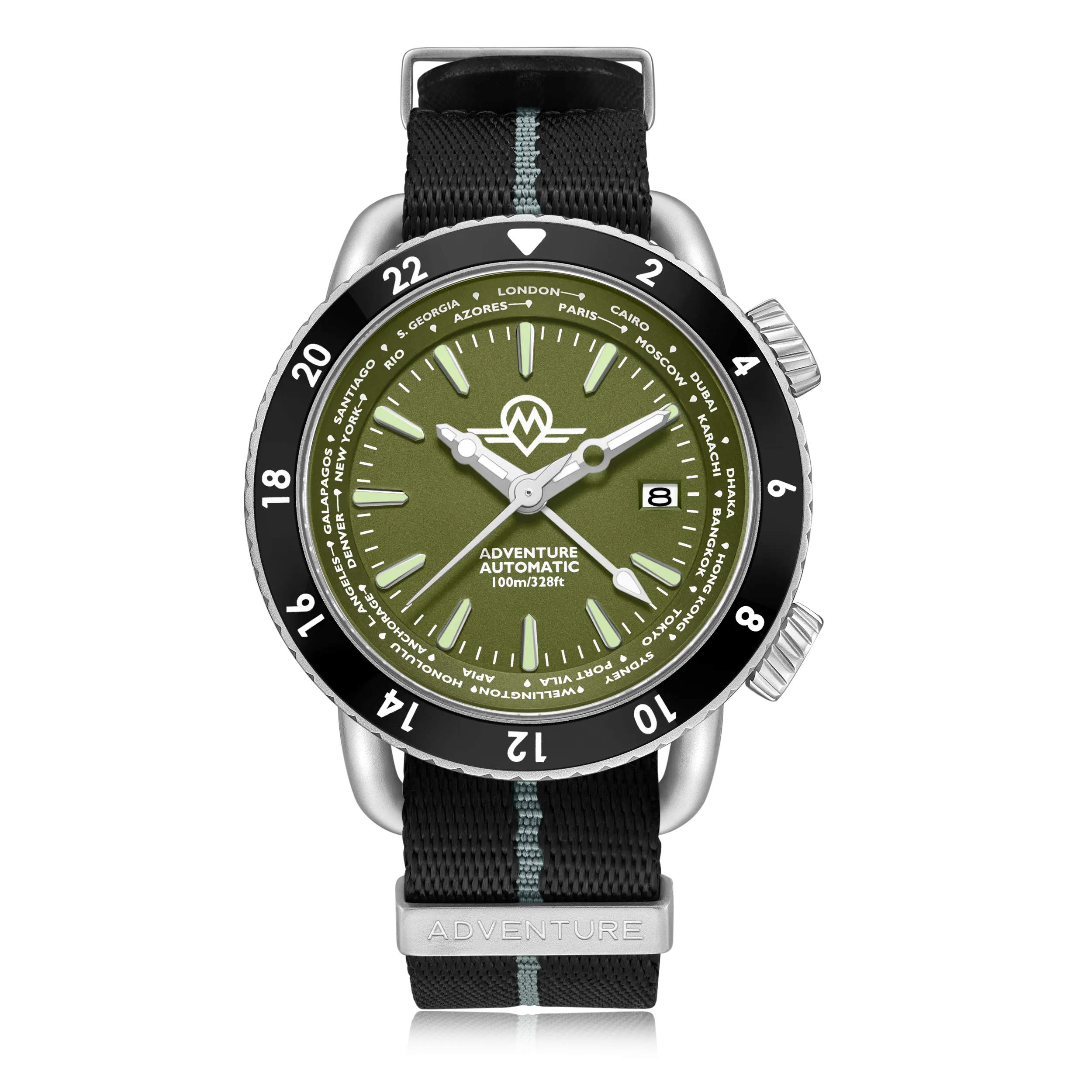 MONRO ADVENTURE MA-4 WOODLAND GREEN, Automatic GMT Worldtimer, 44mm Stainless Steel, Green Dial