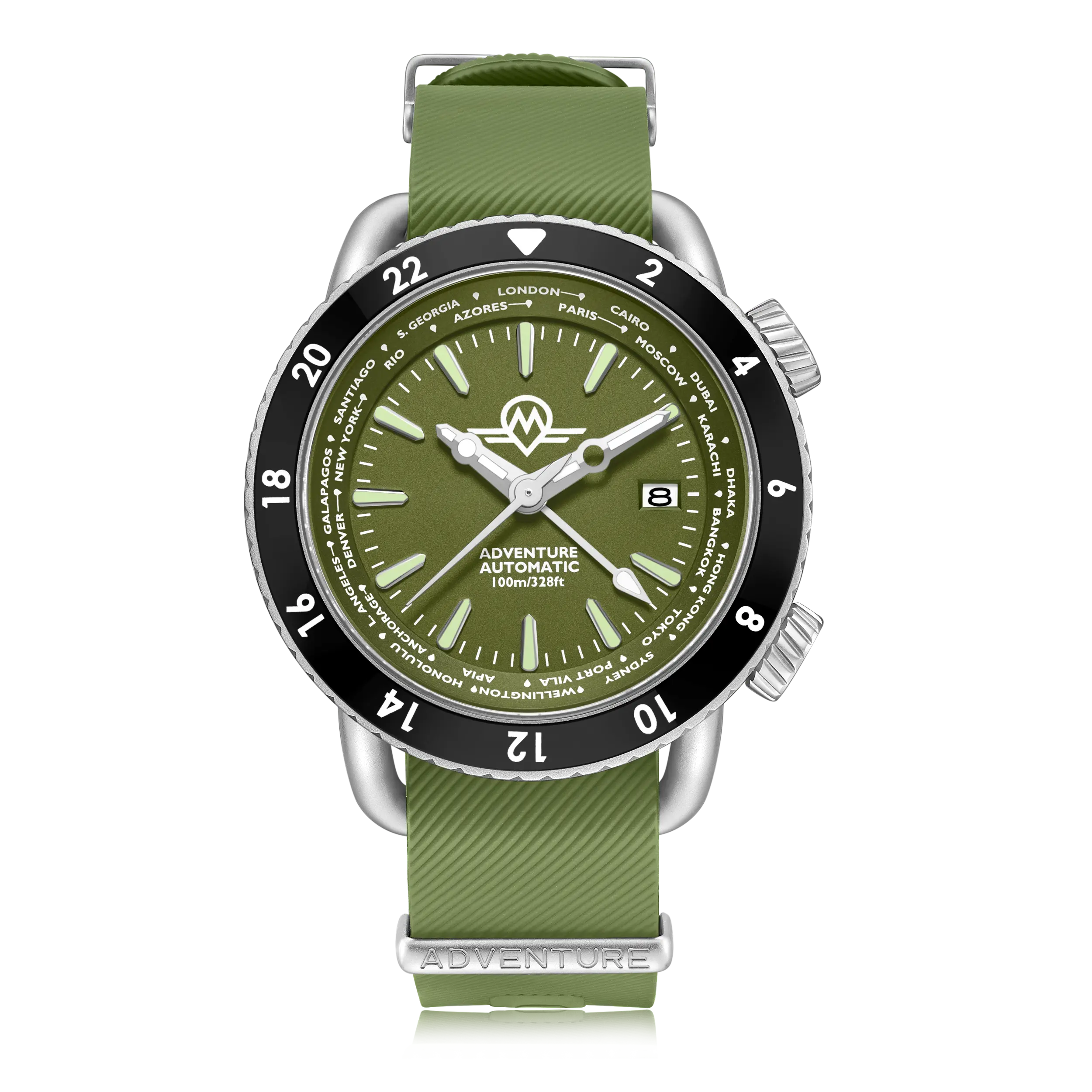 MONRO ADVENTURE MA-4 WOODLAND GREEN, Automatic GMT Worldtimer, 44mm Stainless Steel, Green Dial