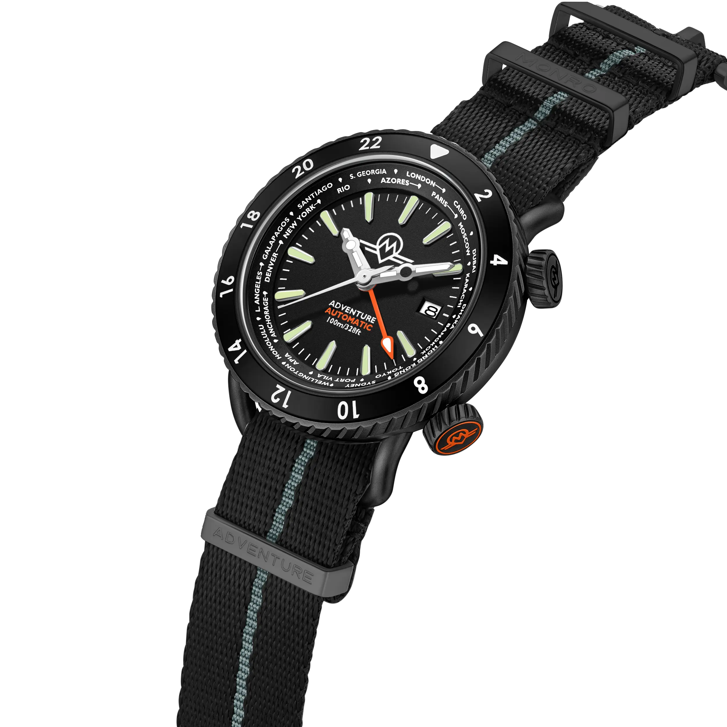 MONRO ADVENTURE MA-5 URBAN BLACK X, Automatic GMT Worldtimer, 44mm Stainless Steel, Black Dial
