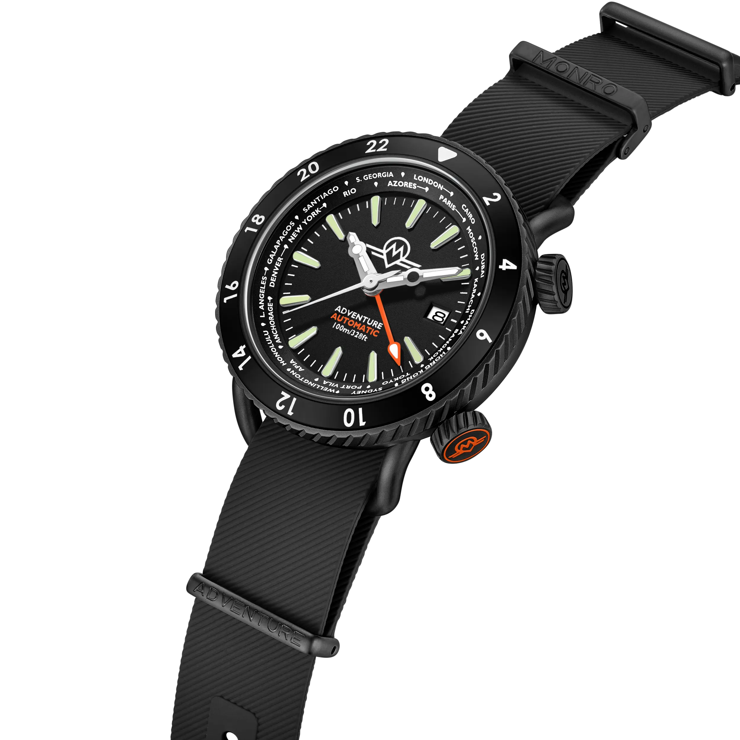 MONRO ADVENTURE MA-5 URBAN BLACK X, Automatic GMT Worldtimer, 44mm Stainless Steel, Black Dial