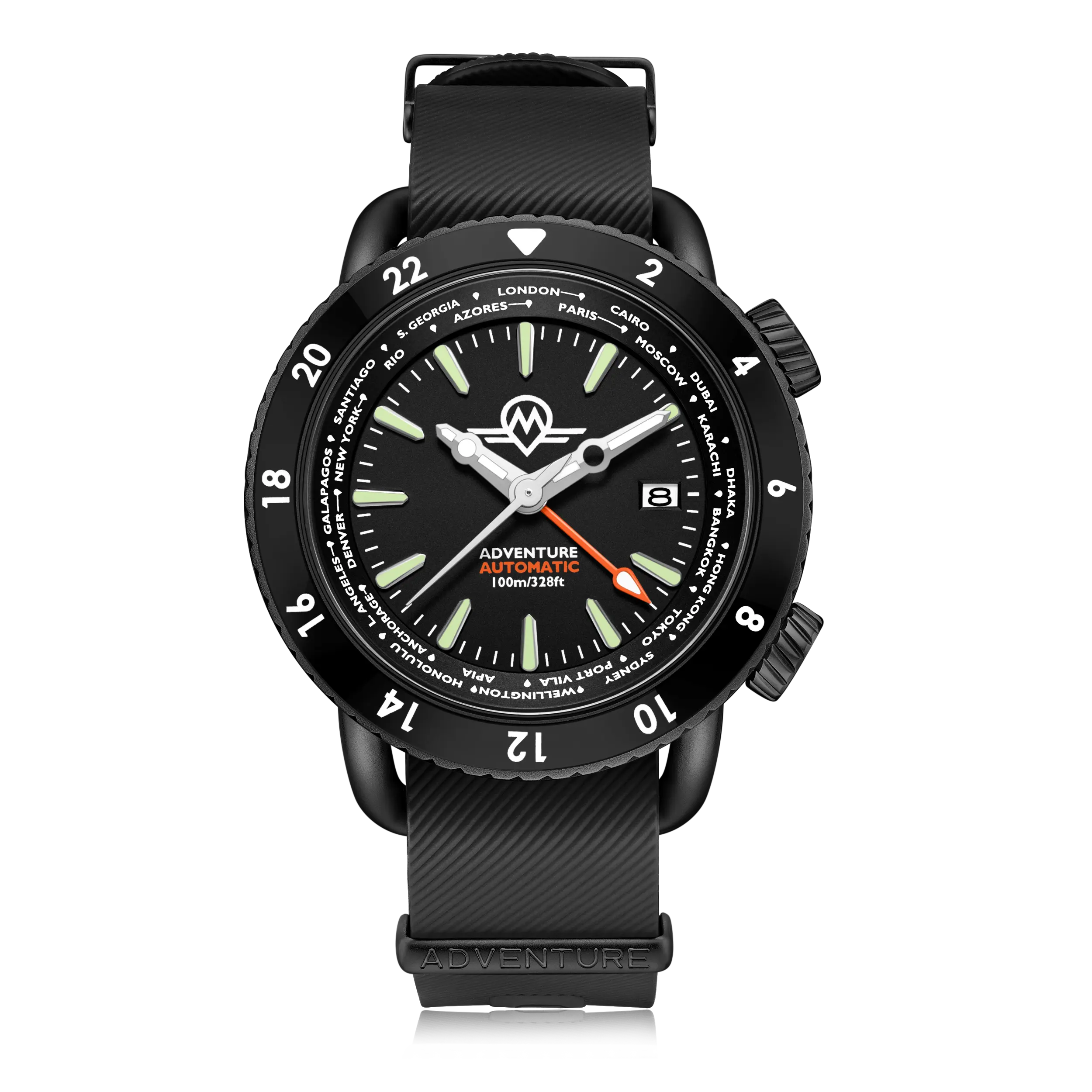 MONRO ADVENTURE MA-5 URBAN BLACK X, Automatic GMT Worldtimer, 44mm Stainless Steel, Black Dial