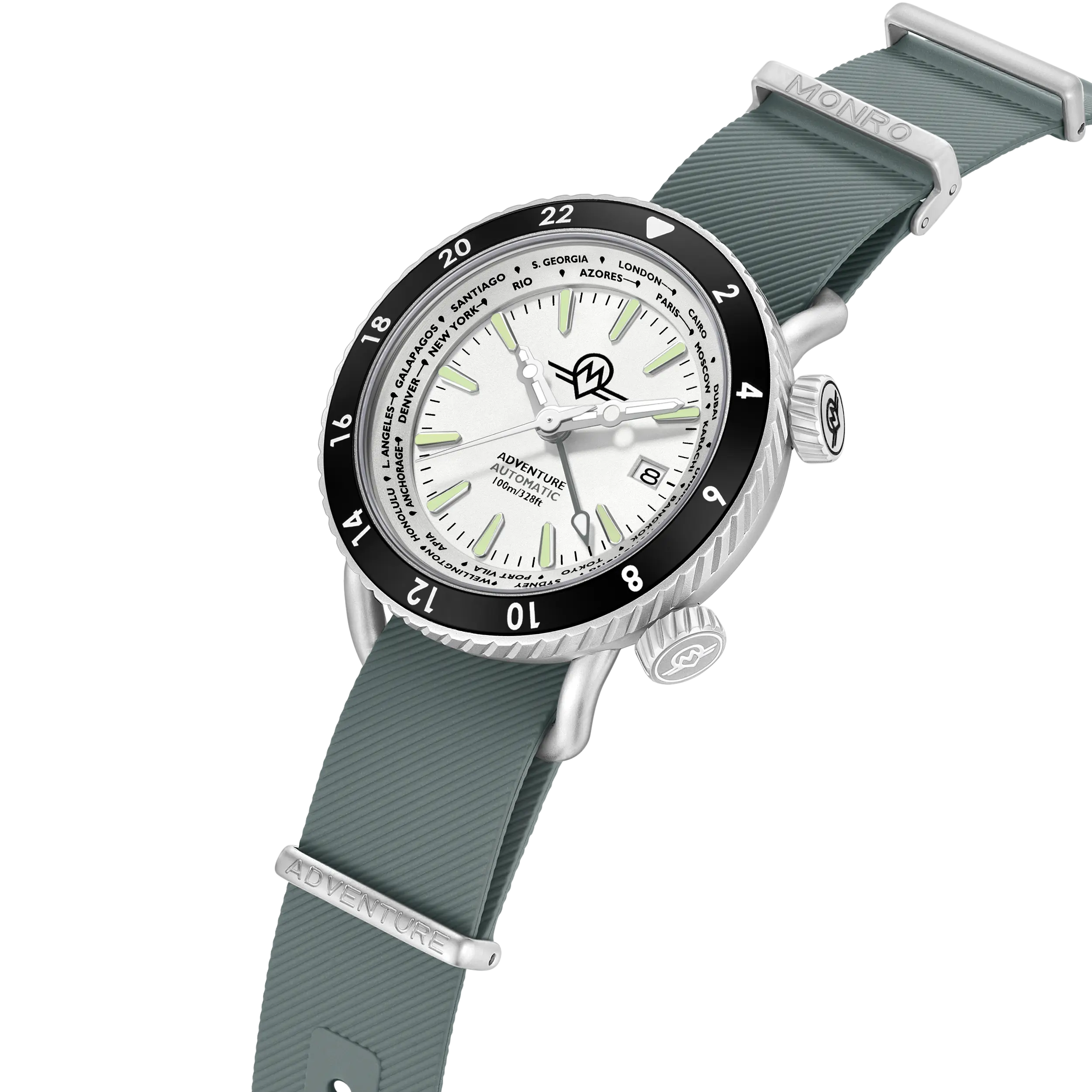 MONRO ADVENTURE MA-6 ARCTIC WHITE, Automatic GMT Worldtimer, 44mm Stainless Steel, White Dial