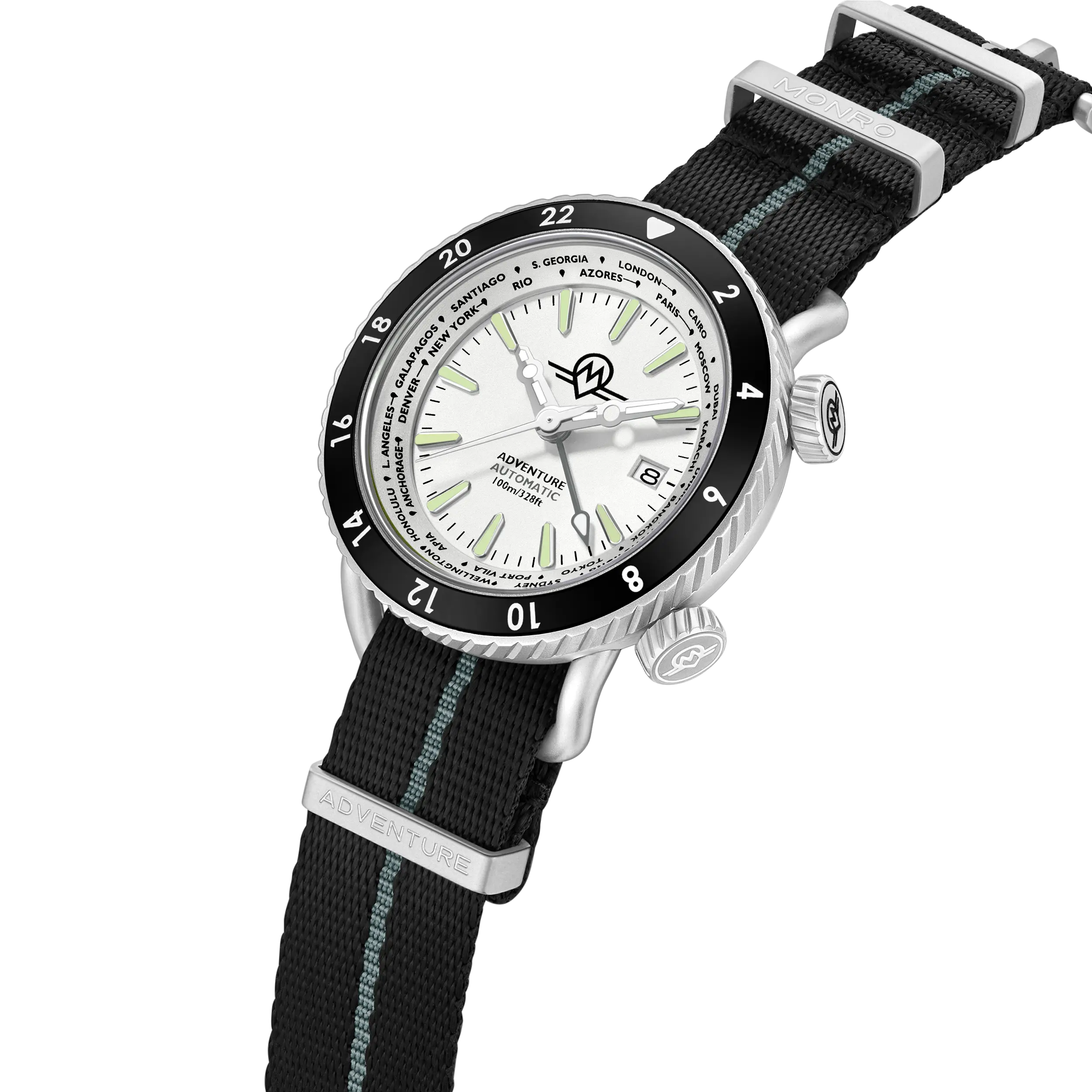 MONRO ADVENTURE MA-6 ARCTIC WHITE, Automatic GMT Worldtimer, 44mm Stainless Steel, White Dial