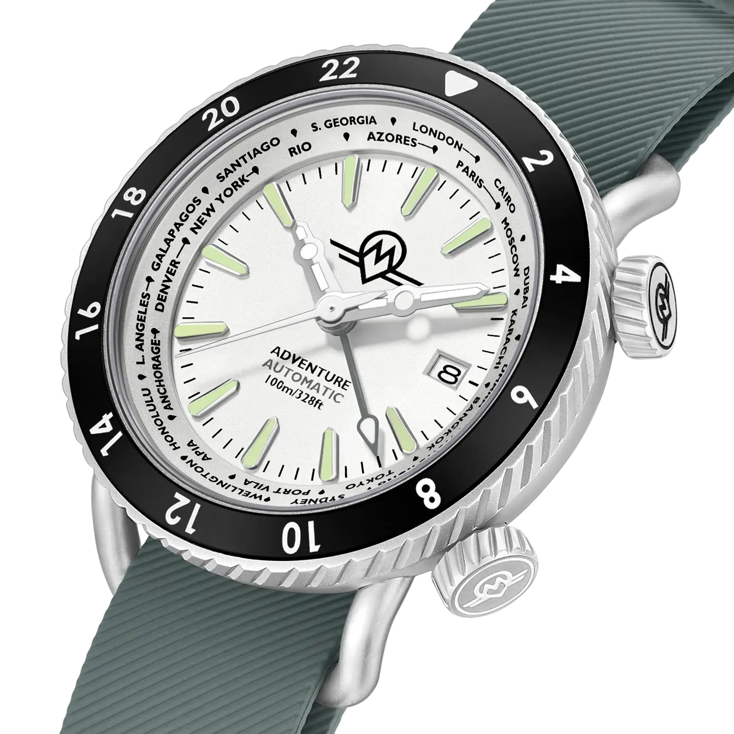MONRO ADVENTURE MA-6 ARCTIC WHITE, Automatic GMT Worldtimer, 44mm Stainless Steel, White Dial