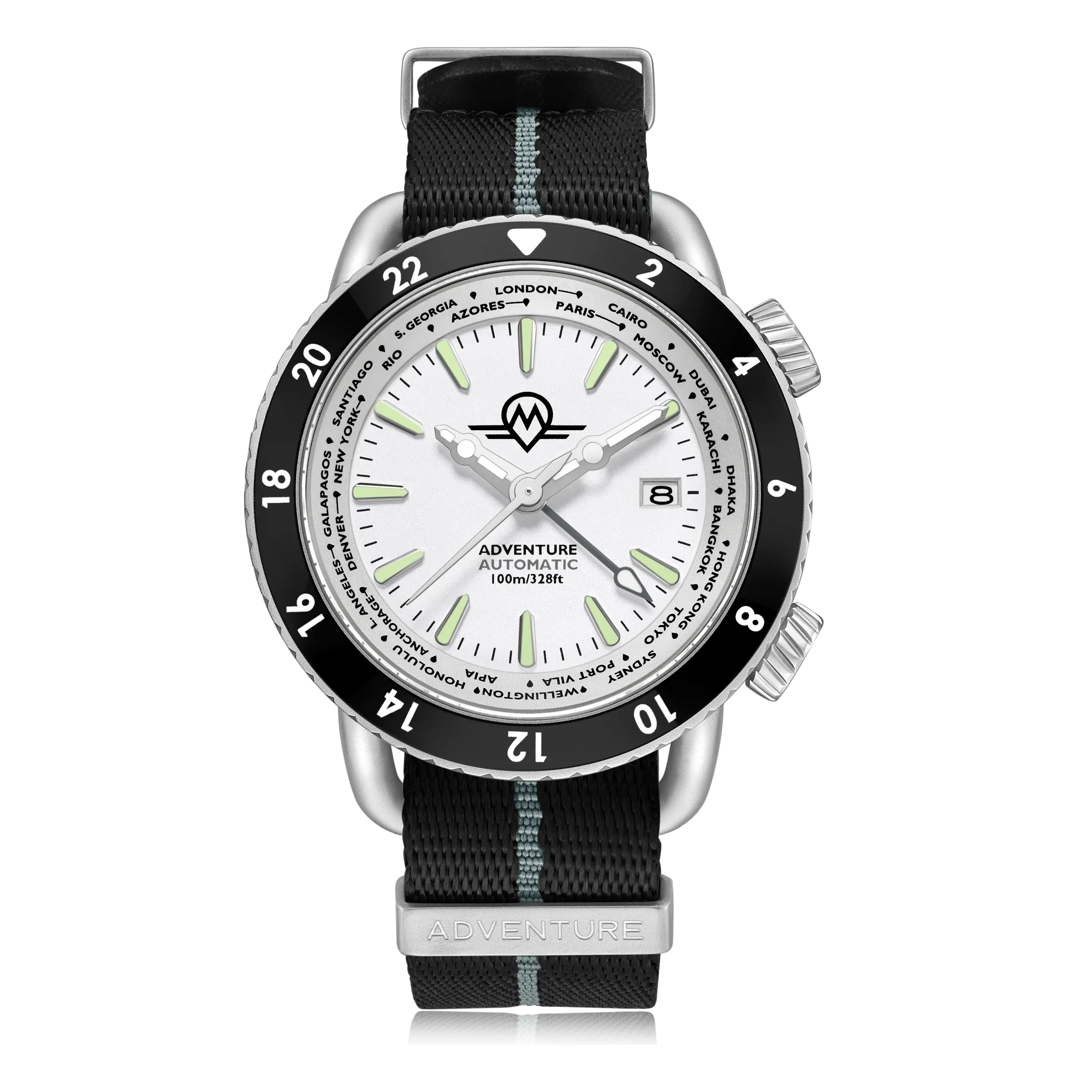 MONRO ADVENTURE MA-6 ARCTIC WHITE, Automatic GMT Worldtimer, 44mm Stainless Steel, White Dial