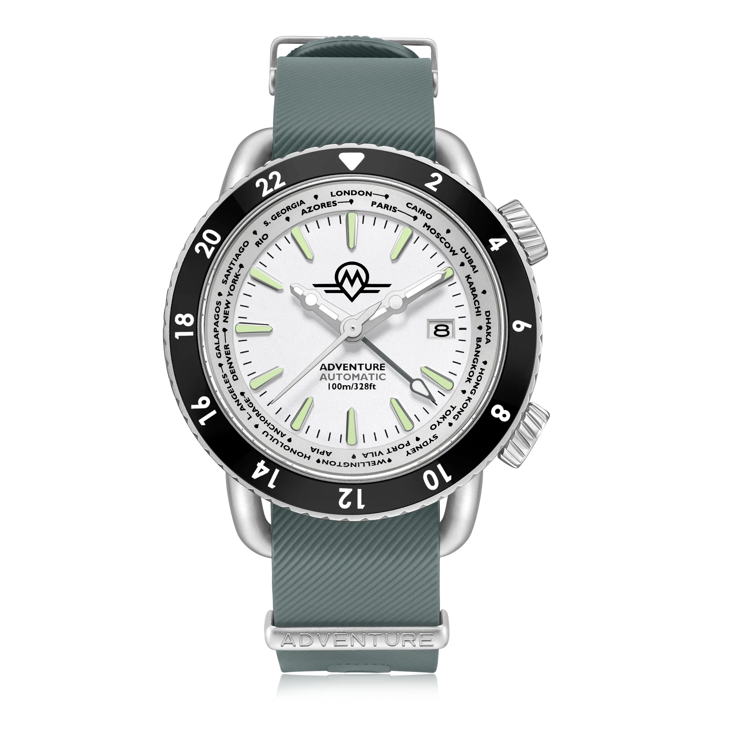 MONRO ADVENTURE MA-6 ARCTIC WHITE, Automatic GMT Worldtimer, 44mm Stainless Steel, White Dial