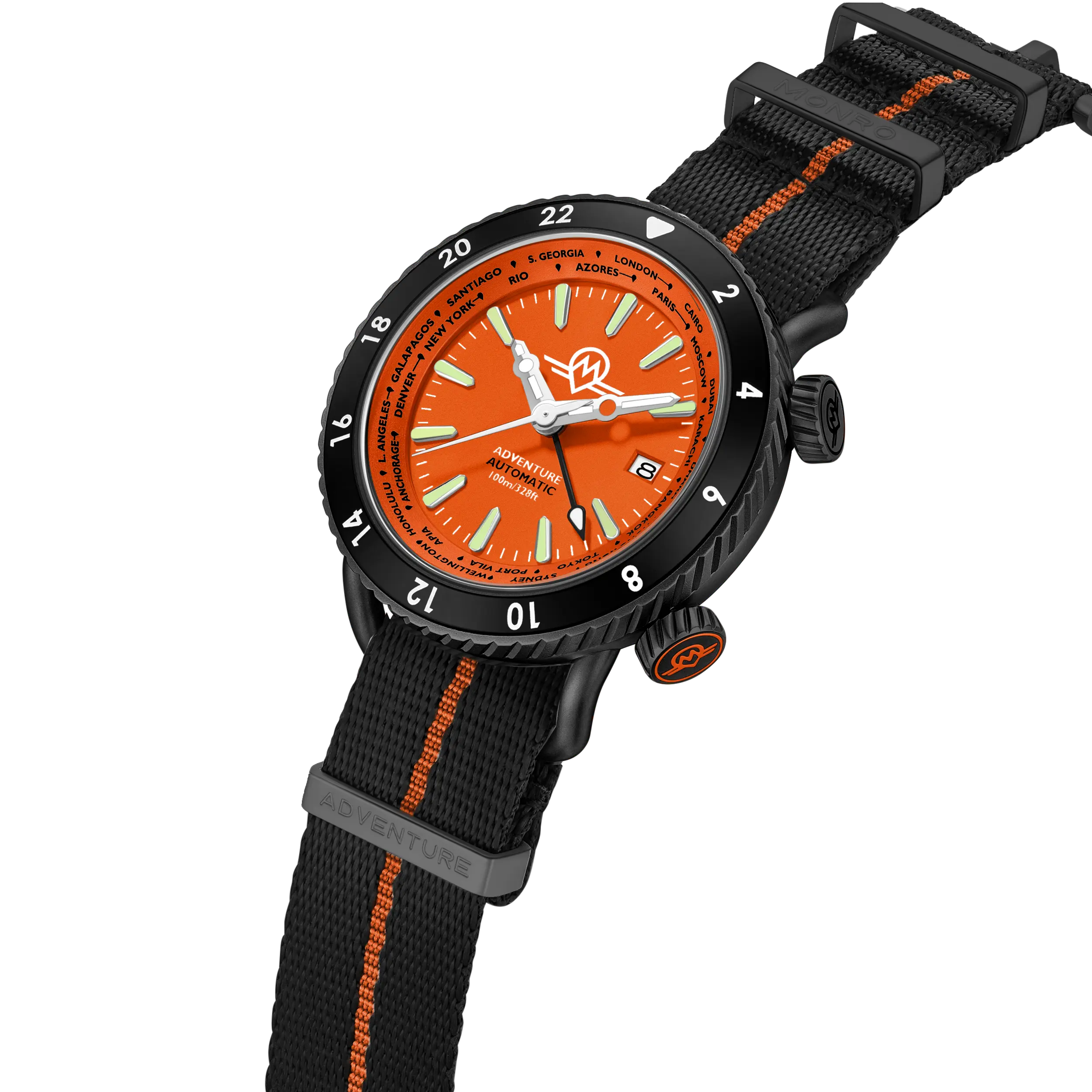 MONRO ADVENTURE MA-7 NIGHT FIRE, Automatic GMT Worldtimer, 44mm Stainless Steel, Orange Dial