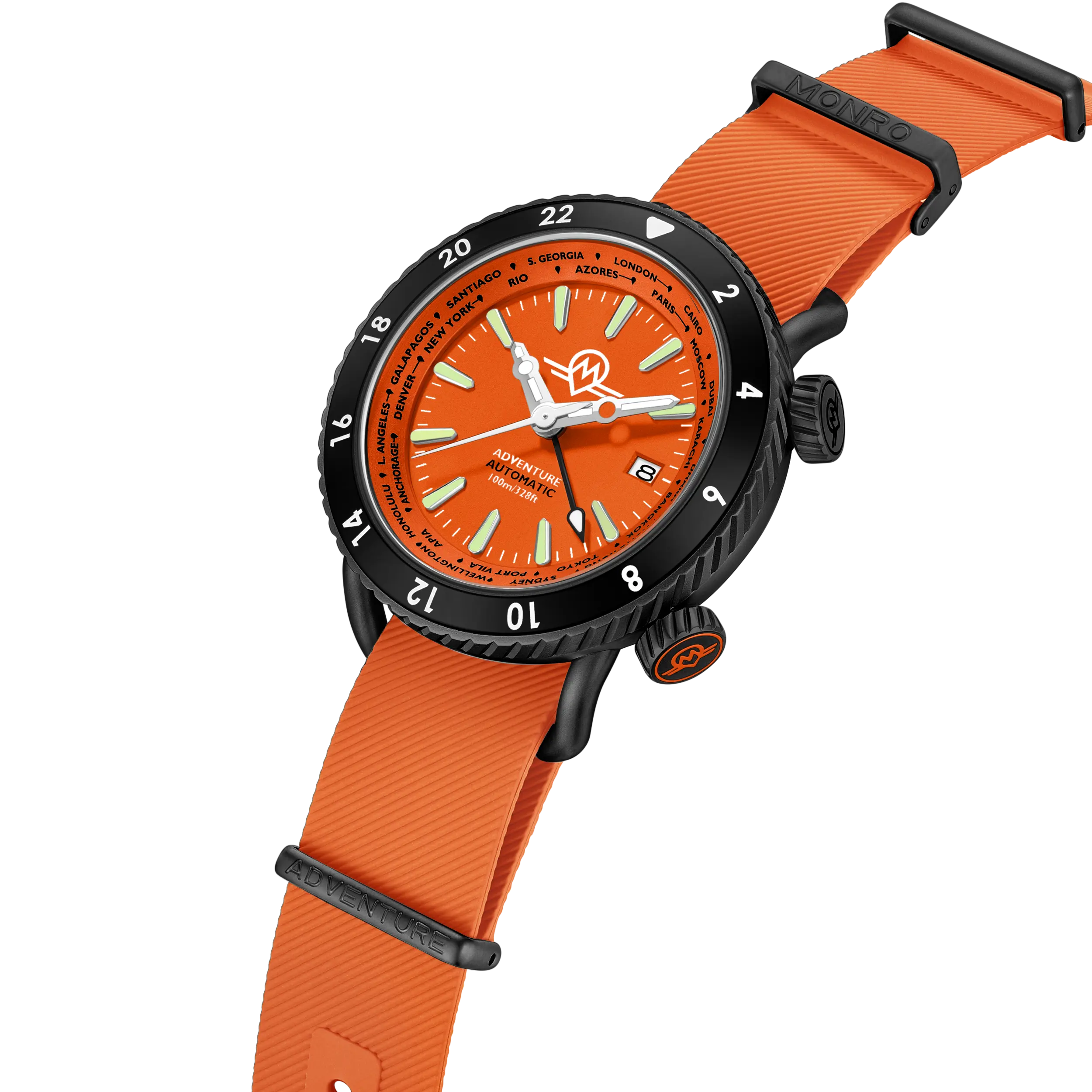 MONRO ADVENTURE MA-7 NIGHT FIRE, Automatic GMT Worldtimer, 44mm Stainless Steel, Orange Dial
