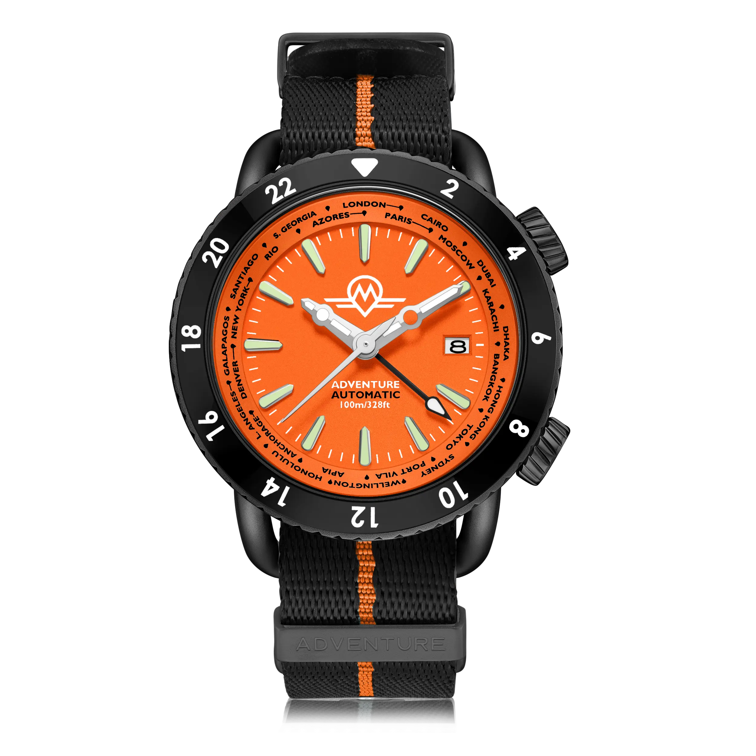 MONRO ADVENTURE MA-7 NIGHT FIRE, Automatic GMT Worldtimer, 44mm Stainless Steel, Orange Dial