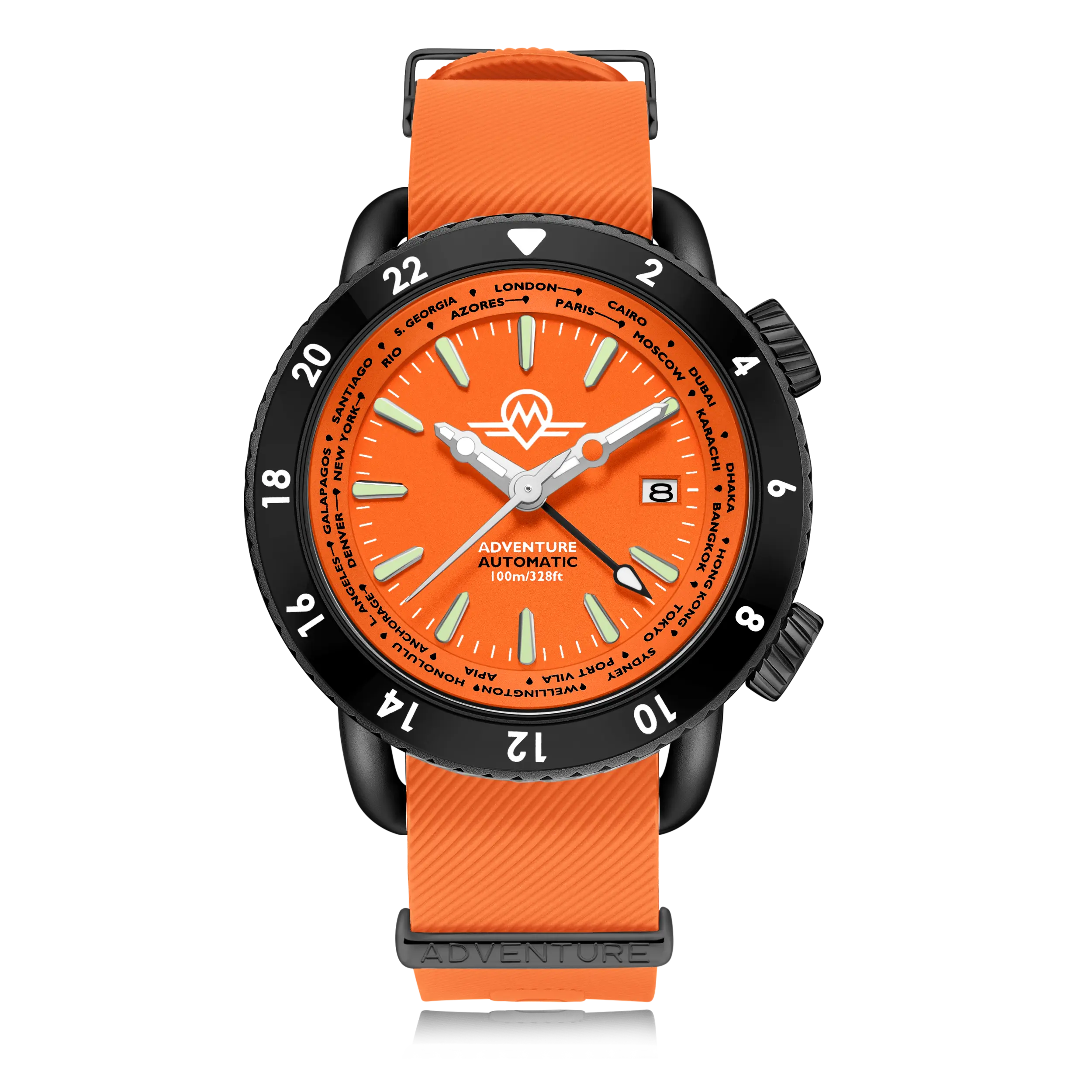 MONRO ADVENTURE MA-7 NIGHT FIRE, Automatic GMT Worldtimer, 44mm Stainless Steel, Orange Dial