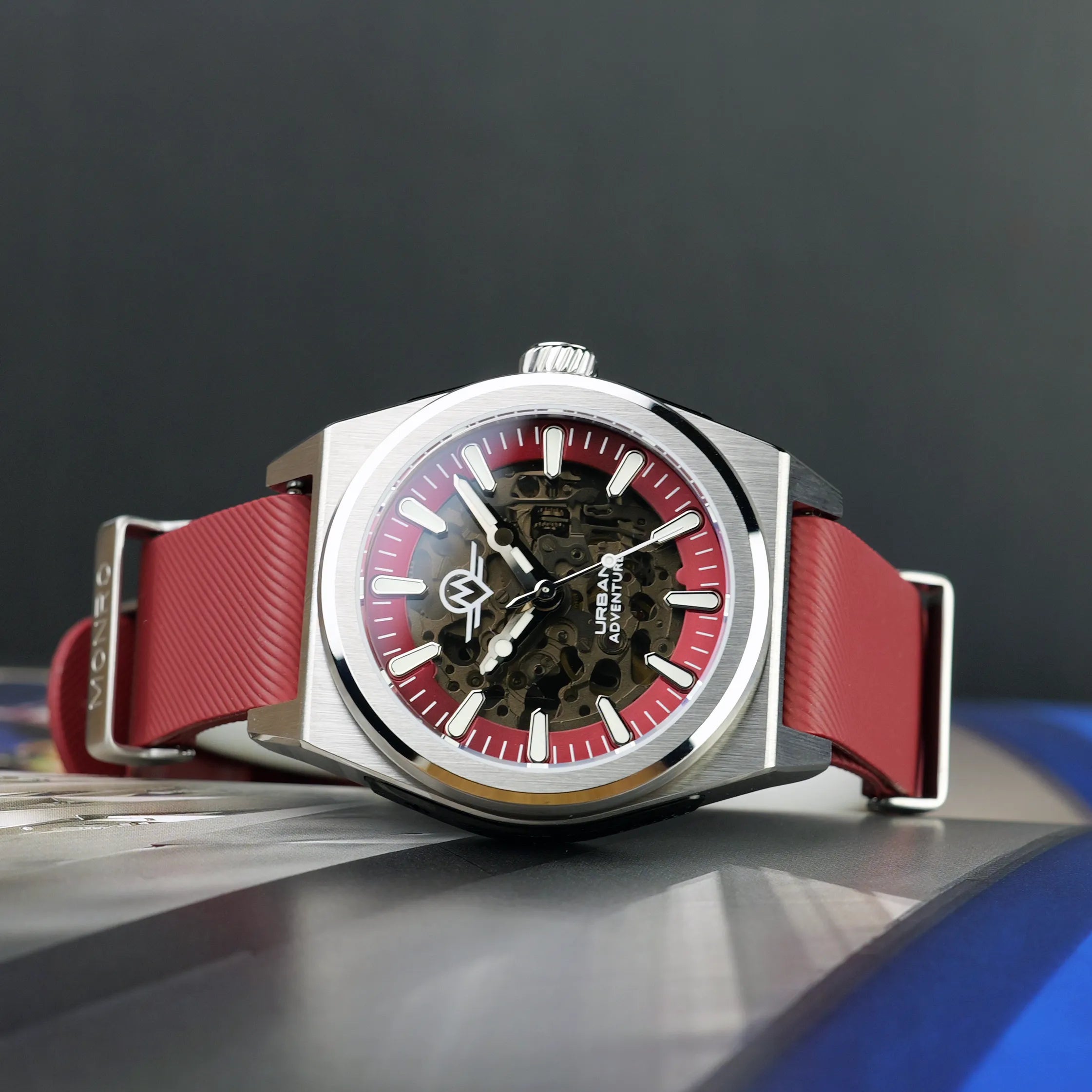 MONRO URBAN ADVENTURE MUA-S2, Automatic Skeleton, 40mm Stainless Steel, Red Dial
