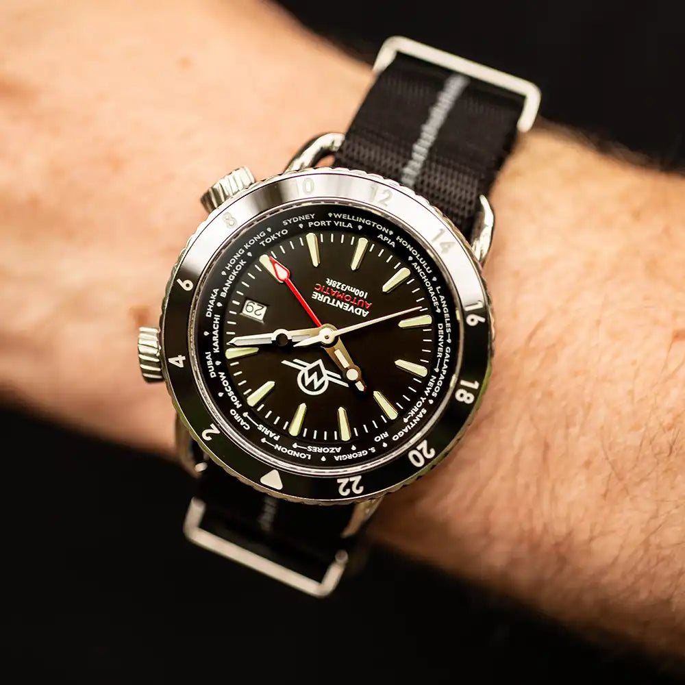 MONRO ADVENTURE MA-1 URBAN BLACK, Automatic GMT Worldtimer, 44mm Stainless Steel, Black Dial