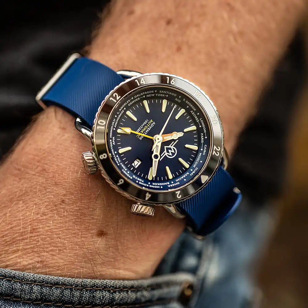 MONRO ADVENTURE MA-2 DEEP SEA BLUE, Automatic GMT Worldtimer, 44mm Stainless Steel, Blue Dial
