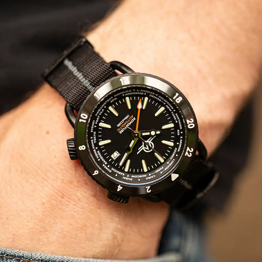 MONRO ADVENTURE MA-5 URBAN BLACK X, Automatic GMT Worldtimer, 44mm Stainless Steel, Black Dial