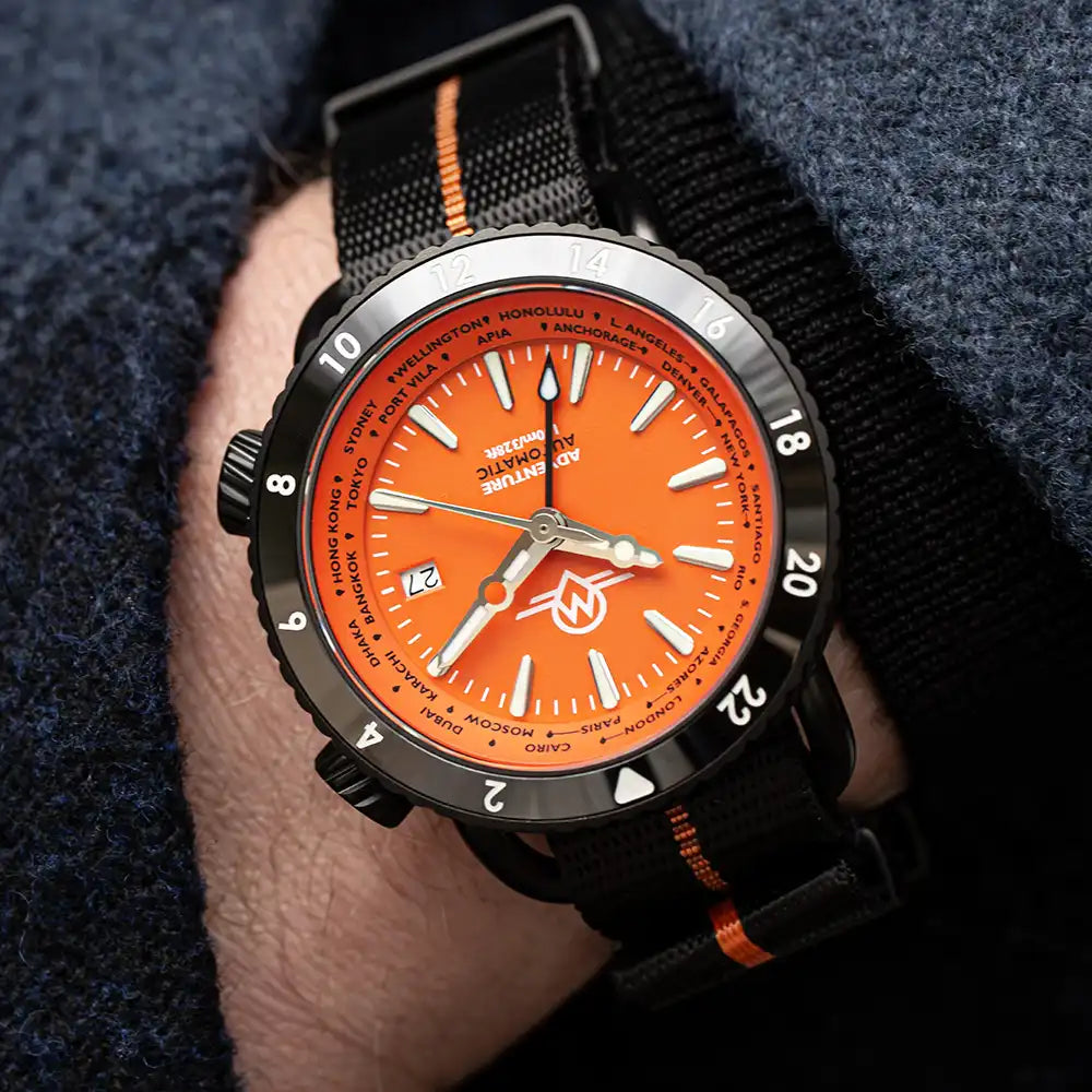 MONRO ADVENTURE MA-7 NIGHT FIRE, Automatic GMT Worldtimer, 44mm Stainless Steel, Orange Dial