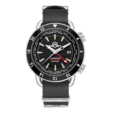 MONRO ADVENTURE MA-1 URBAN BLACK, Automatic GMT Worldtimer, 44mm Stainless Steel, Black Dial