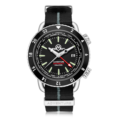 MONRO ADVENTURE MA-1 URBAN BLACK, Automatic GMT Worldtimer, 44mm Stainless Steel, Black Dial