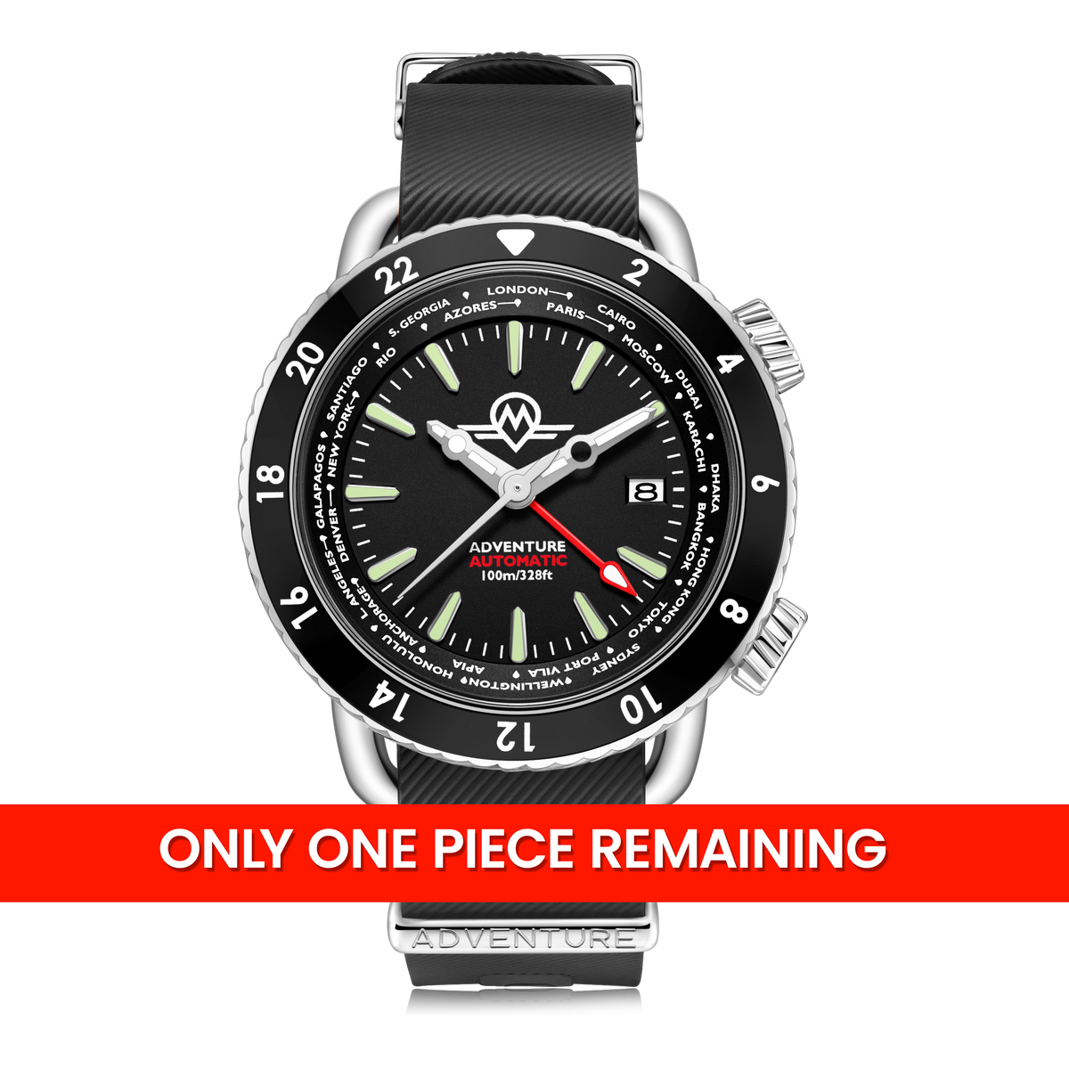 MONRO ADVENTURE MA-1 URBAN BLACK, Automatic GMT Worldtimer, 44mm Stainless Steel, Black Dial