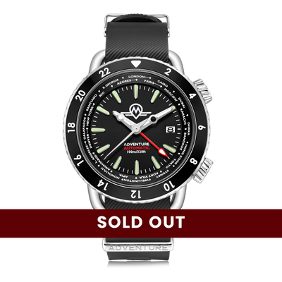 MONRO ADVENTURE MA-1 URBAN BLACK, Automatic GMT Worldtimer, 44mm Stainless Steel, Black Dial