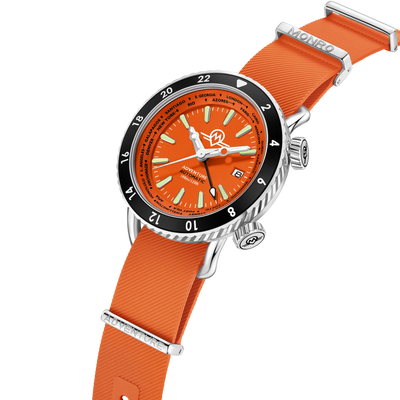 MONRO ADVENTURE MA-3 SUNSET ORANGE, Automatic GMT Worldtimer, 44mm Stainless Steel, Orange Dial