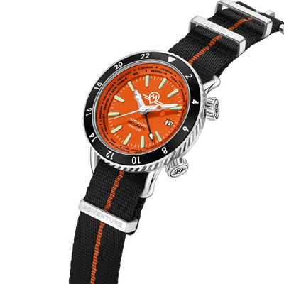 MONRO ADVENTURE MA-3 SUNSET ORANGE, Automatic GMT Worldtimer, 44mm Stainless Steel, Orange Dial