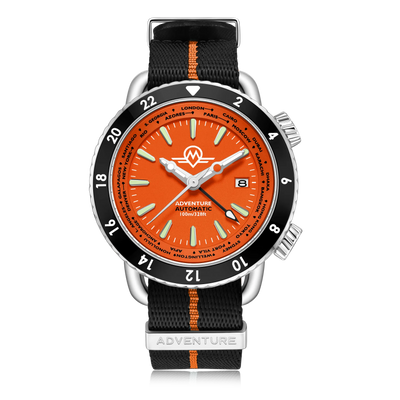 MONRO ADVENTURE MA-3 SUNSET ORANGE, Automatic GMT Worldtimer, 44mm Stainless Steel, Orange Dial