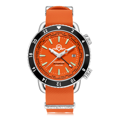 MONRO ADVENTURE MA-3 SUNSET ORANGE, Automatic GMT Worldtimer, 44mm Stainless Steel, Orange Dial