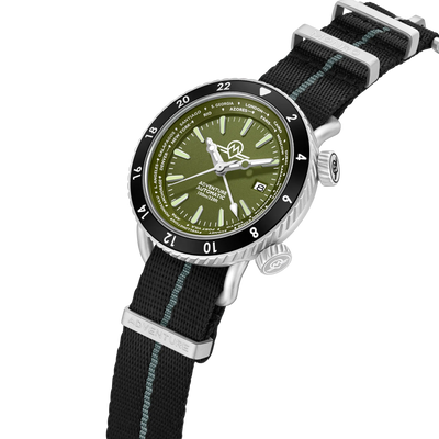 MONRO ADVENTURE MA-4 WOODLAND GREEN, Automatic GMT Worldtimer, 44mm Stainless Steel, Green Dial