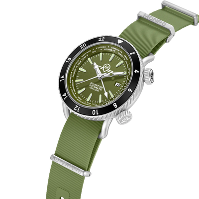MONRO ADVENTURE MA-4 WOODLAND GREEN, Automatic GMT Worldtimer, 44mm Stainless Steel, Green Dial