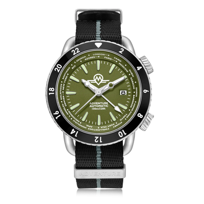 MONRO ADVENTURE MA-4 WOODLAND GREEN, Automatic GMT Worldtimer, 44mm Stainless Steel, Green Dial