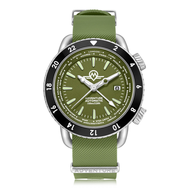 MONRO ADVENTURE MA-4 WOODLAND GREEN, Automatic GMT Worldtimer, 44mm Stainless Steel, Green Dial