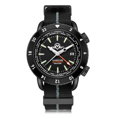 MONRO ADVENTURE MA-5 URBAN BLACK X, Automatic GMT Worldtimer, 44mm Stainless Steel, Black Dial