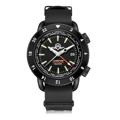 MONRO ADVENTURE MA-5 URBAN BLACK X, Automatic GMT Worldtimer, 44mm Stainless Steel, Black Dial