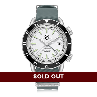 MONRO ADVENTURE MA-6 ARCTIC WHITE, Automatic GMT Worldtimer, 44mm Stainless Steel, White Dial