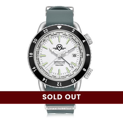 MONRO ADVENTURE MA-6 ARCTIC WHITE, Automatic GMT Worldtimer, 44mm Stainless Steel, White Dial