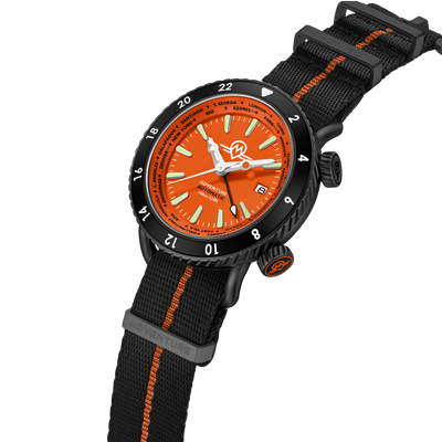 MONRO ADVENTURE MA-7 NIGHT FIRE, Automatic GMT Worldtimer, 44mm Stainless Steel, Orange Dial
