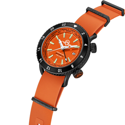 MONRO ADVENTURE MA-7 NIGHT FIRE, Automatic GMT Worldtimer, 44mm Stainless Steel, Orange Dial